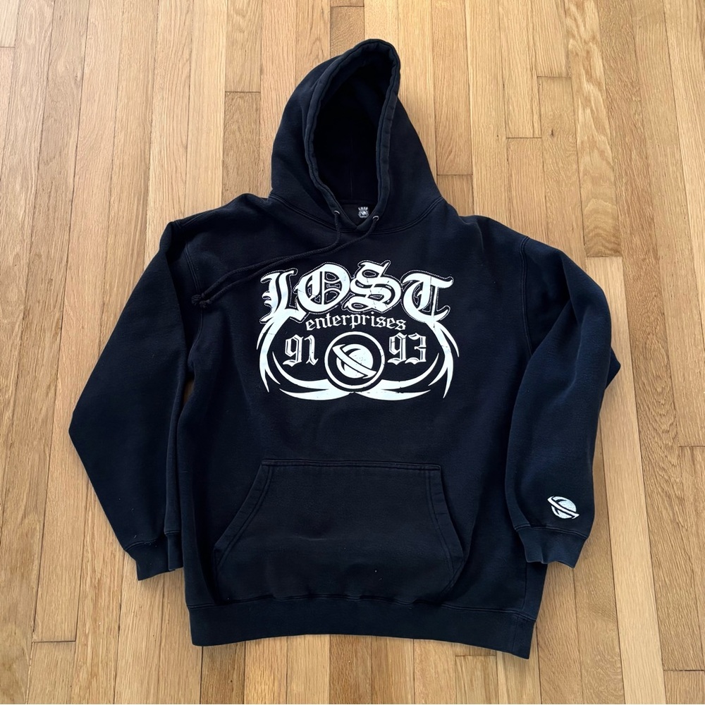 Vintage Lost Enterprises Hoodie Y2K Black White Old English Script Mens Medium
